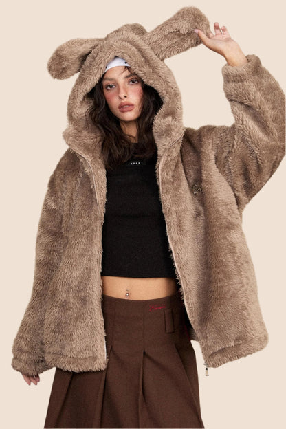 Retro Rabbit Ears Fleece Fur Jacket