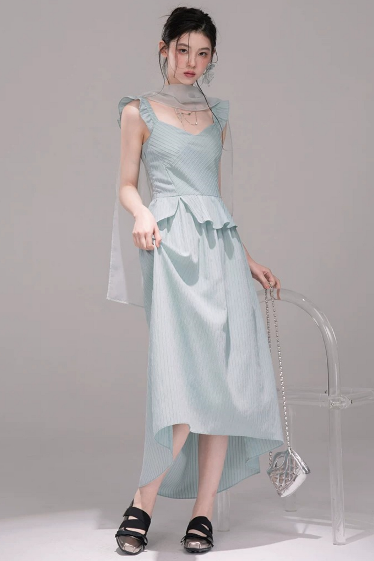 Conjunto de vestido de cinta transparente verde azulado claro