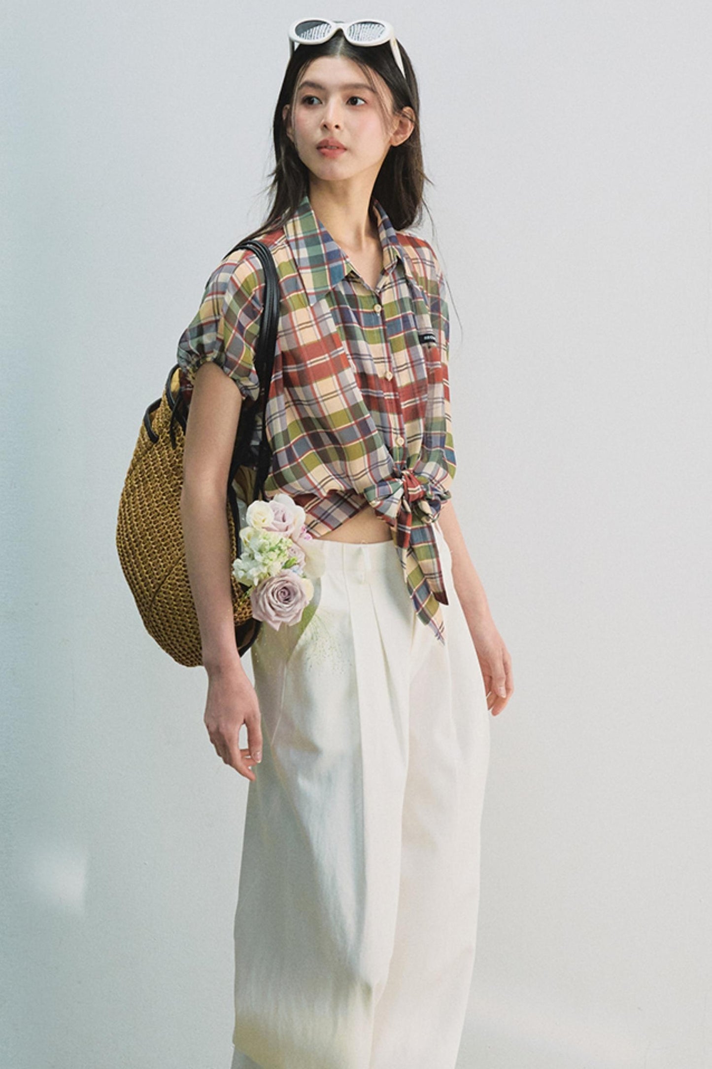 Plaid Tie Top & Midi Skirt Set-Up