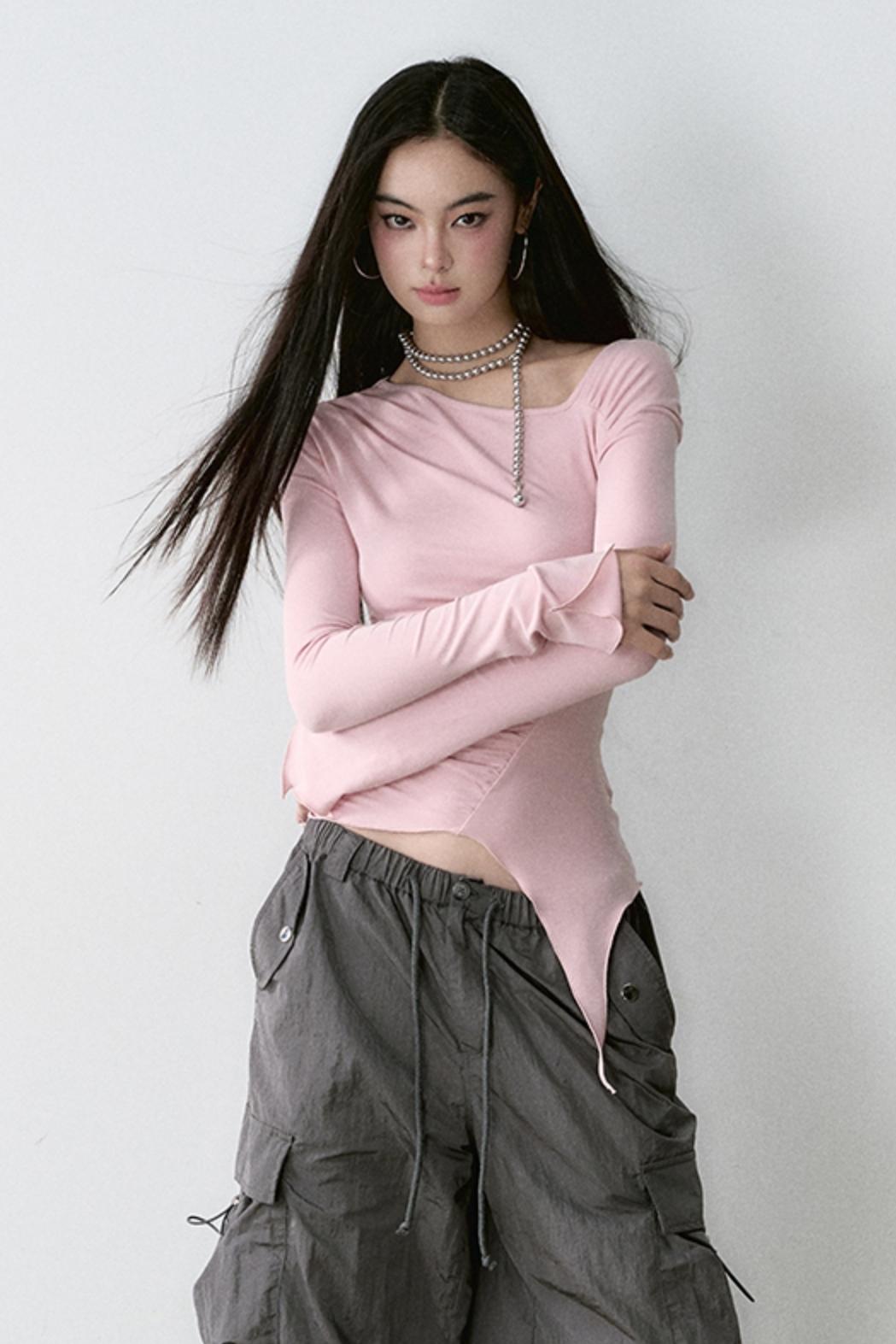 Slanted Shoulder Irregular Long Sleeve Top