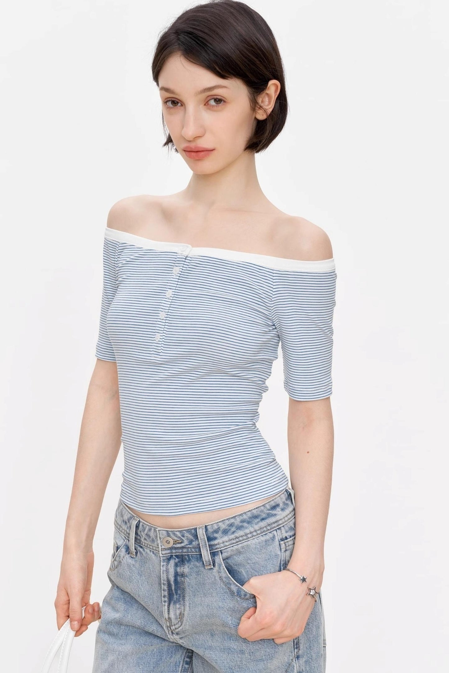 Blue Asymmetrical Lace Top