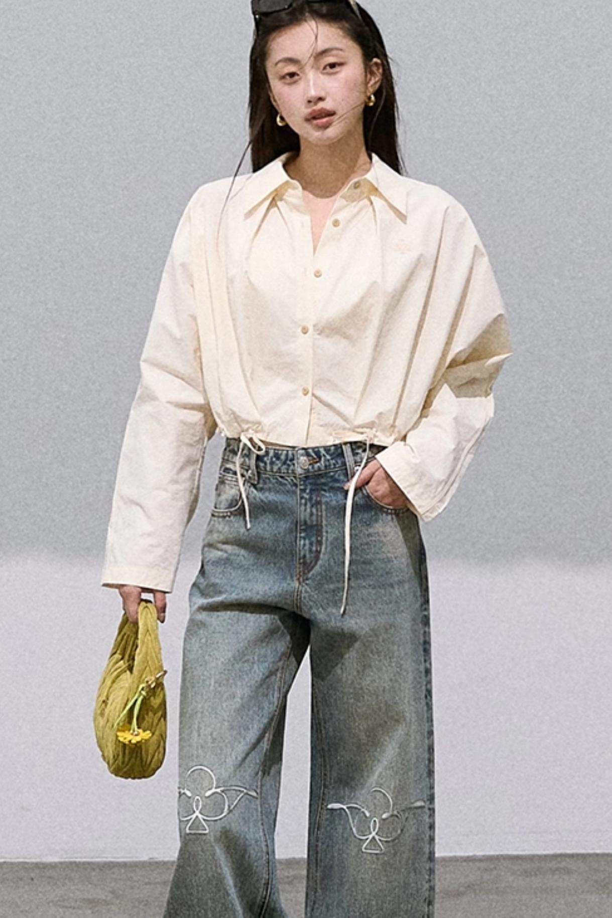 Cropped Lace-Up Cotton Shirt