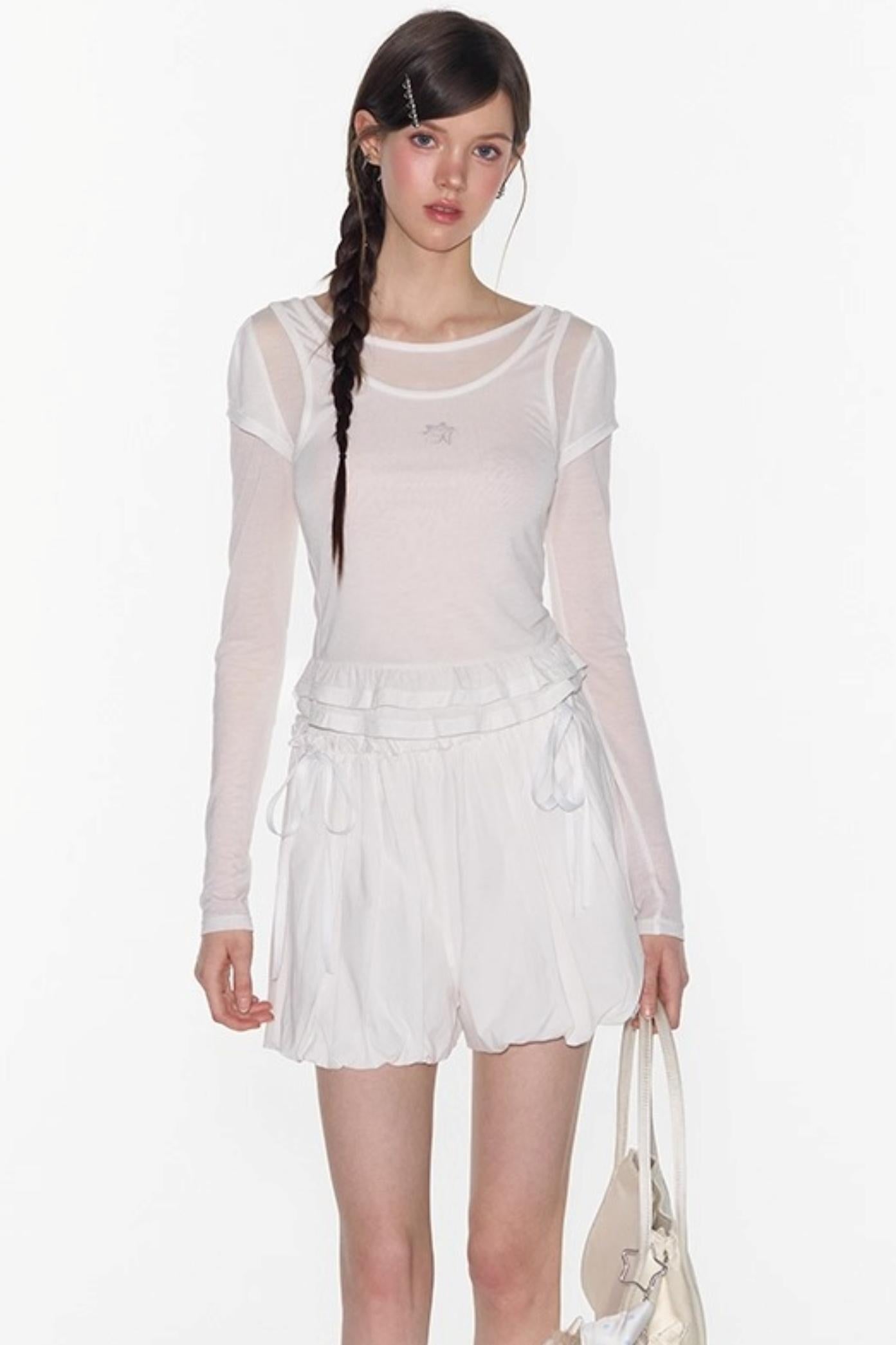 Ruffle Tencel Long-sleeved Top Set-Up