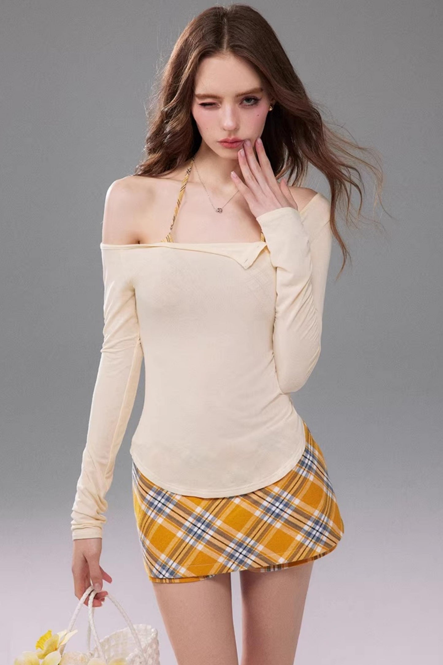 Off-Shoulder Plaid Corset and T-Shirt Matching Set