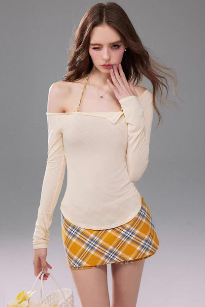 Off-Shoulder Plaid Corset and T-Shirt Matching Set