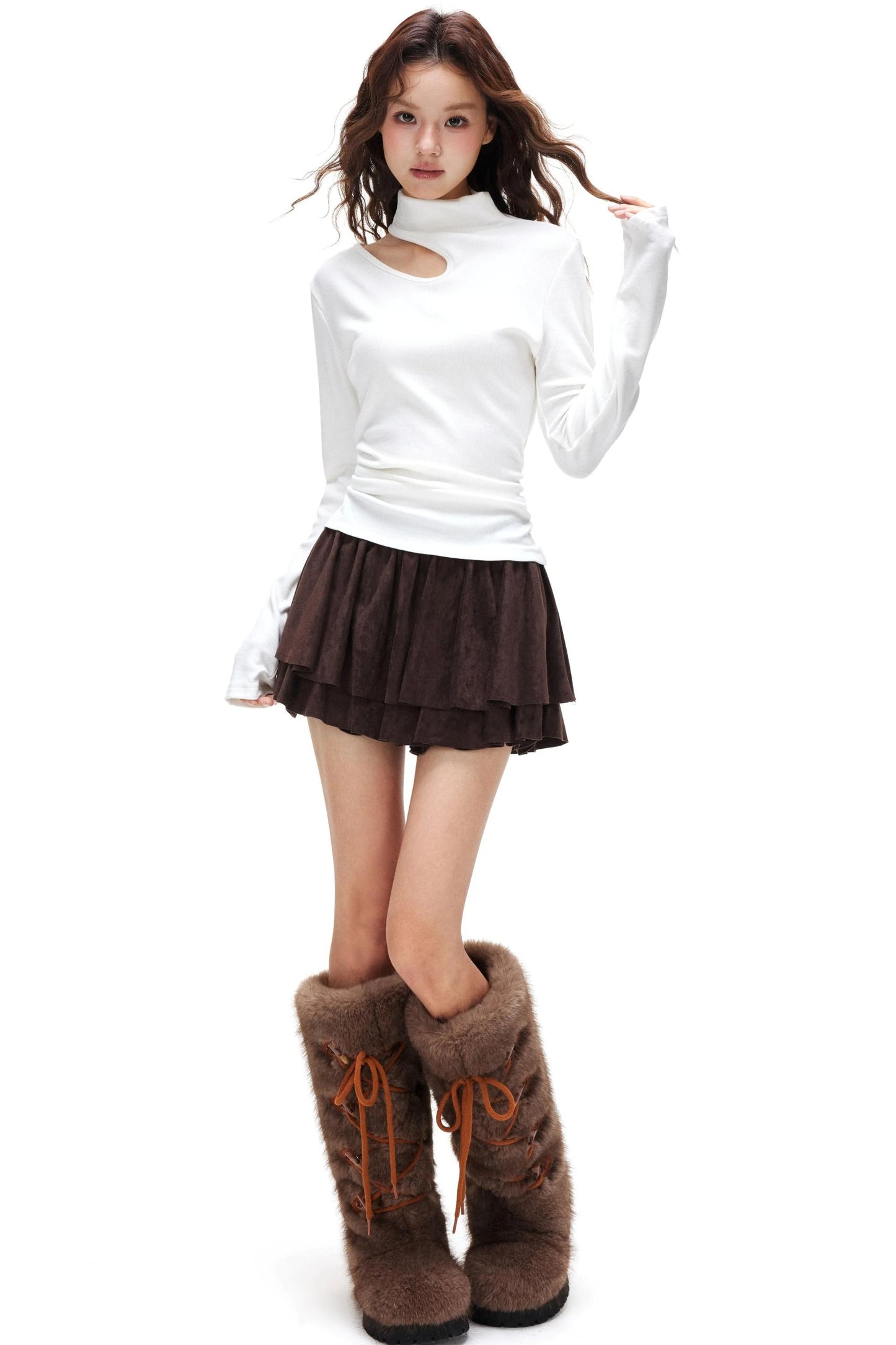 Suede Ruffled A-Line Skirt