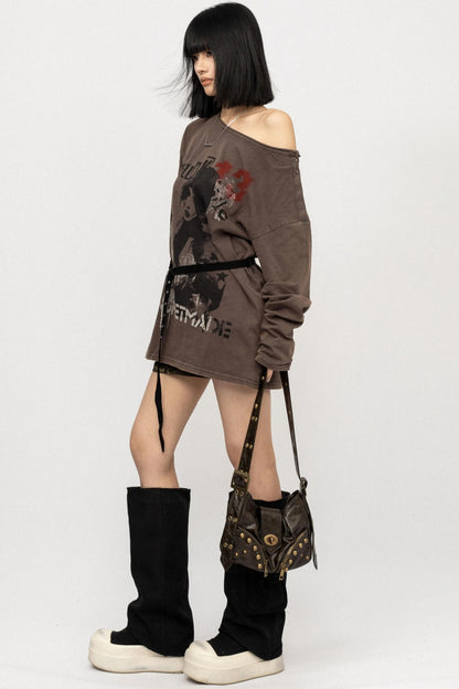 Vintage Off-the-Shoulder Long Sleeve T-Shirt