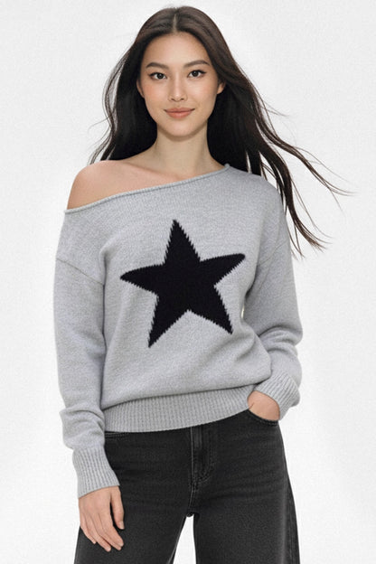 Contrasting Star Off-Shoulder Sweater