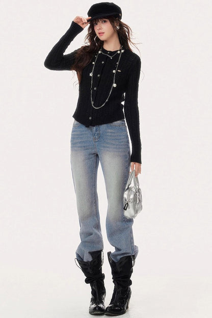 Retro V-Shaped High-Waisted Slim Jeans