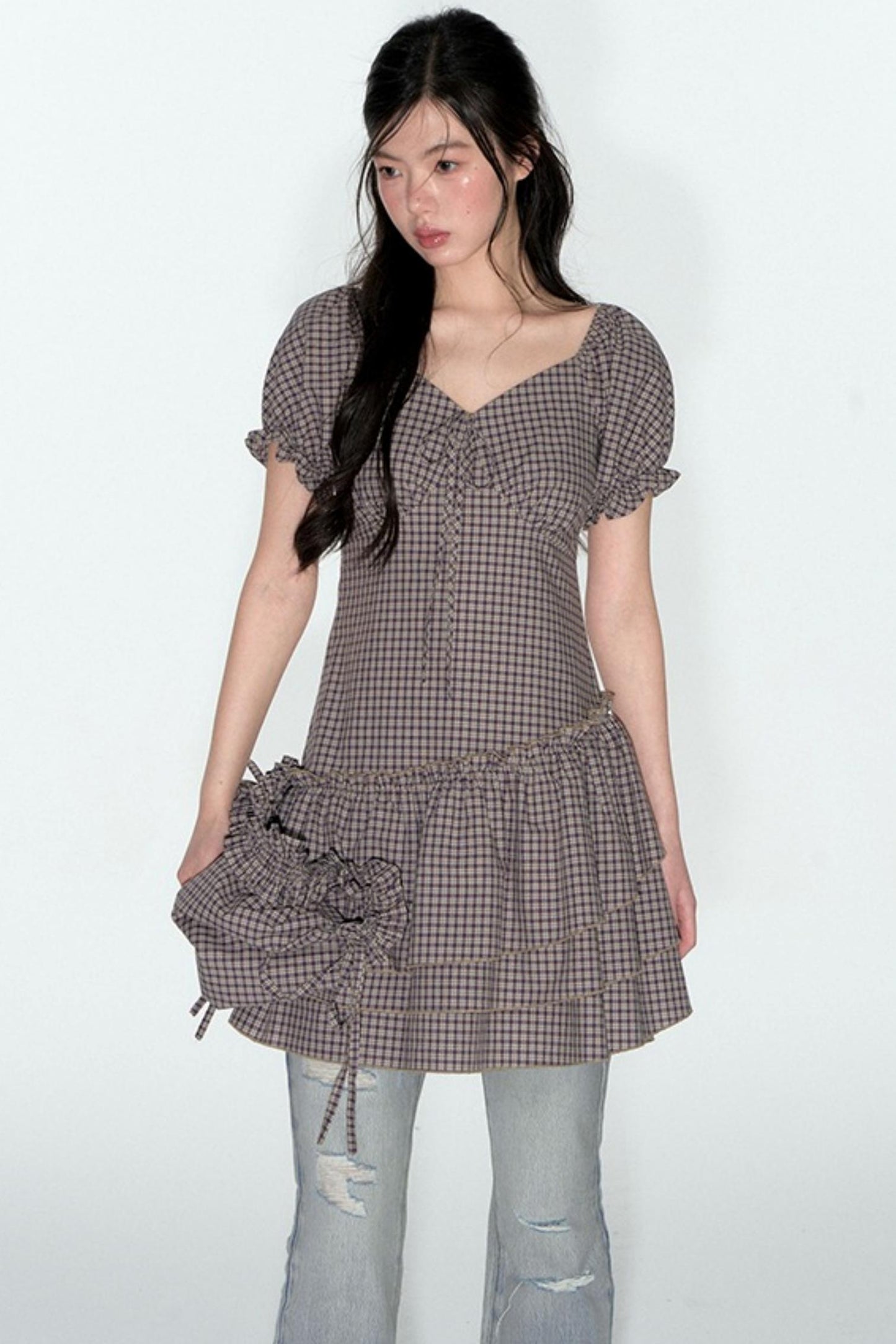 Nap Check Beveled V-Neck Cinched Waist Dress