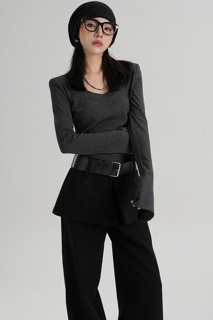 T-shirt amincissant à manches longues à taille ras du cou