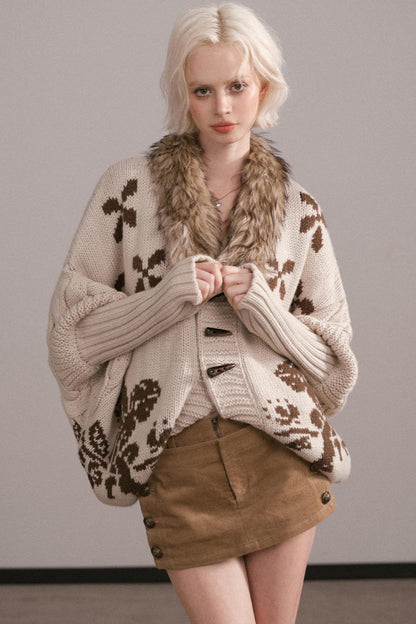 Jacquard Fur Collar Batwing Jacket