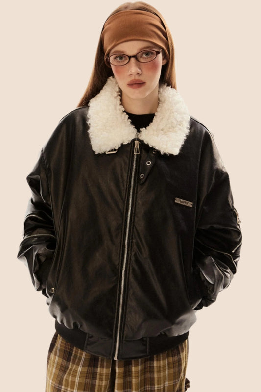 Retro PU Leather Lambswool Jacket