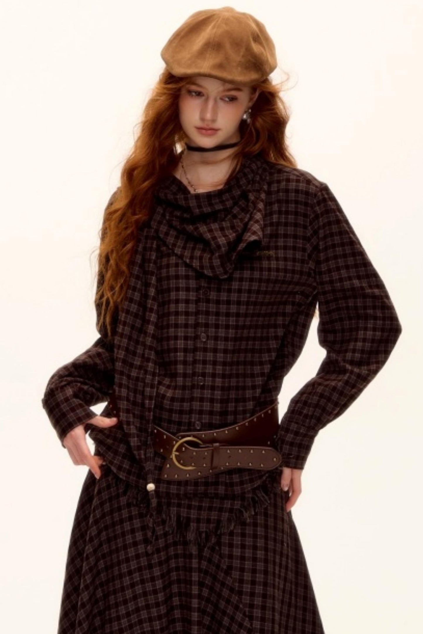 Retro Beaded Plaid Shirt Set-Up