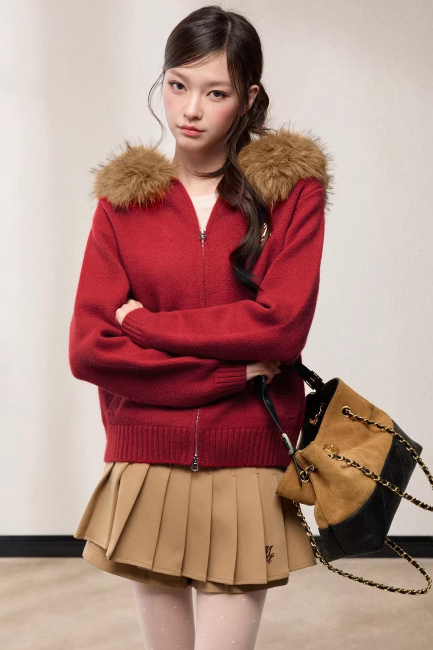 Fur Collar Hooded Cardigan
