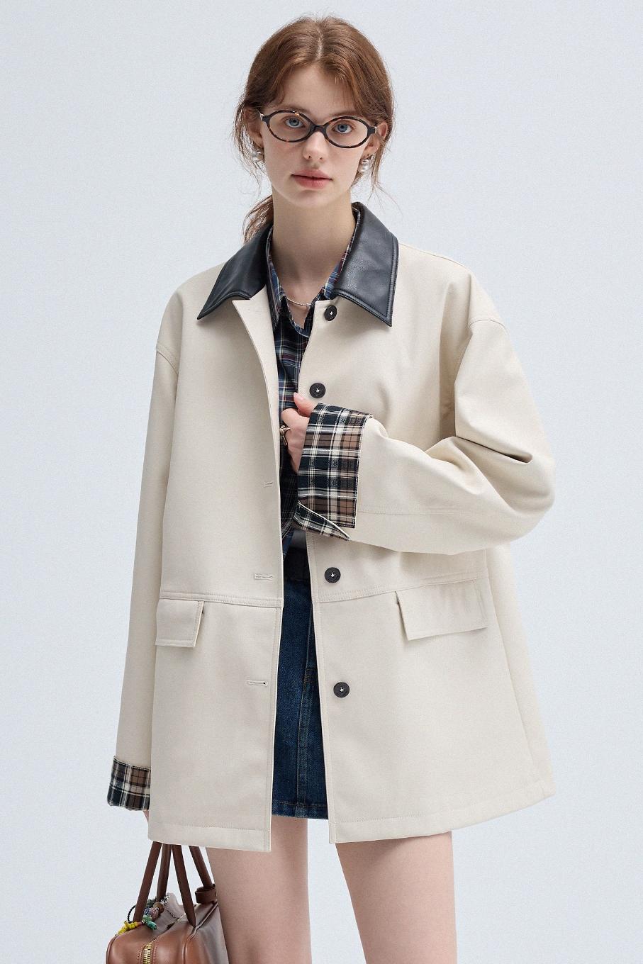 Check Contrast PU Leather Trench Coat