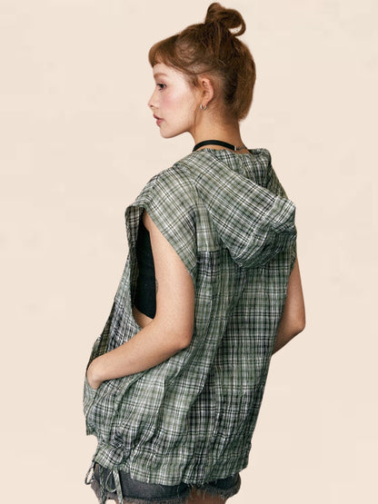 Plaid Sleeveless Sunscreen Jacket