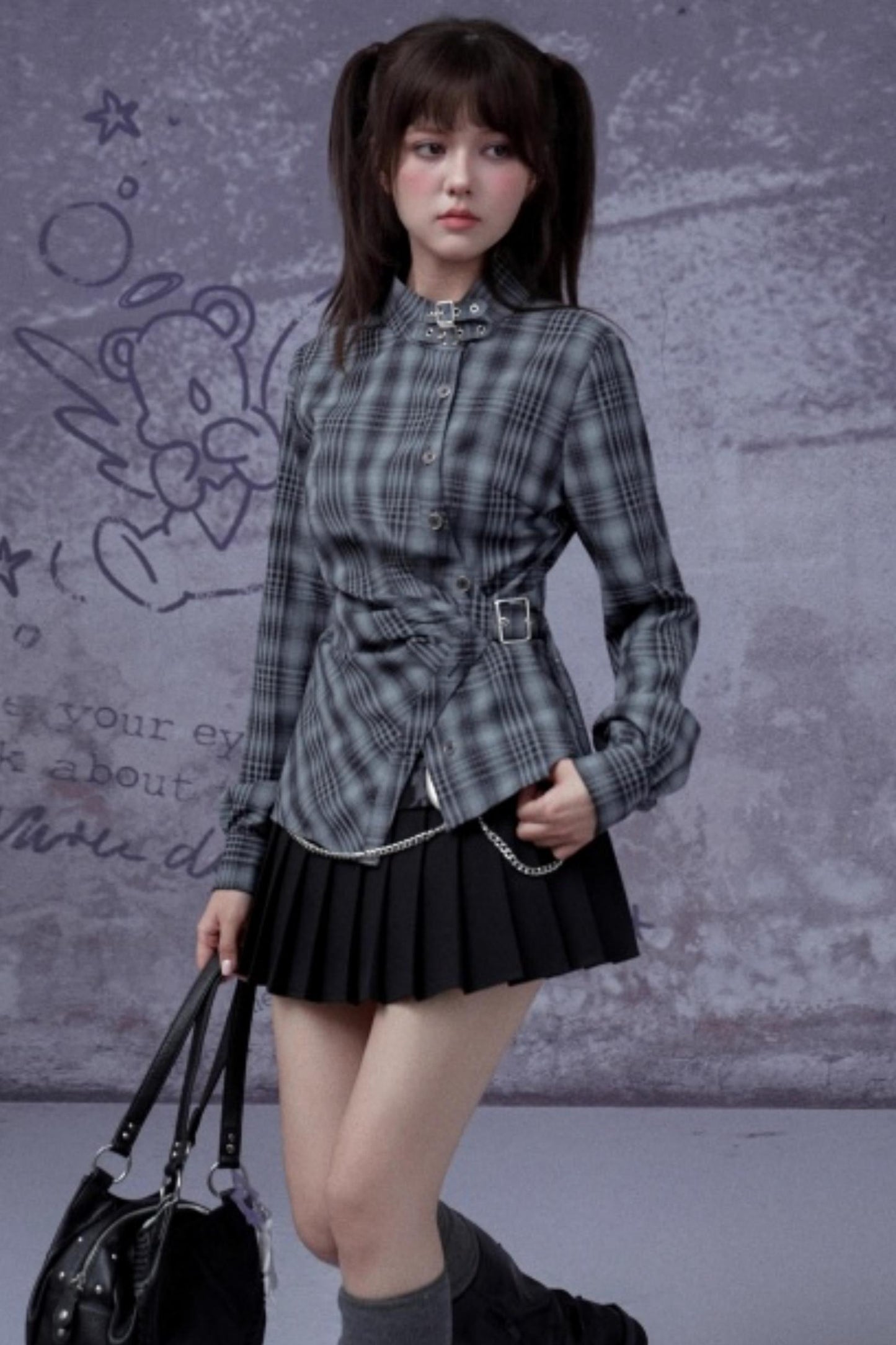 Gray-Blue Irregular Placket Plaid Shirt