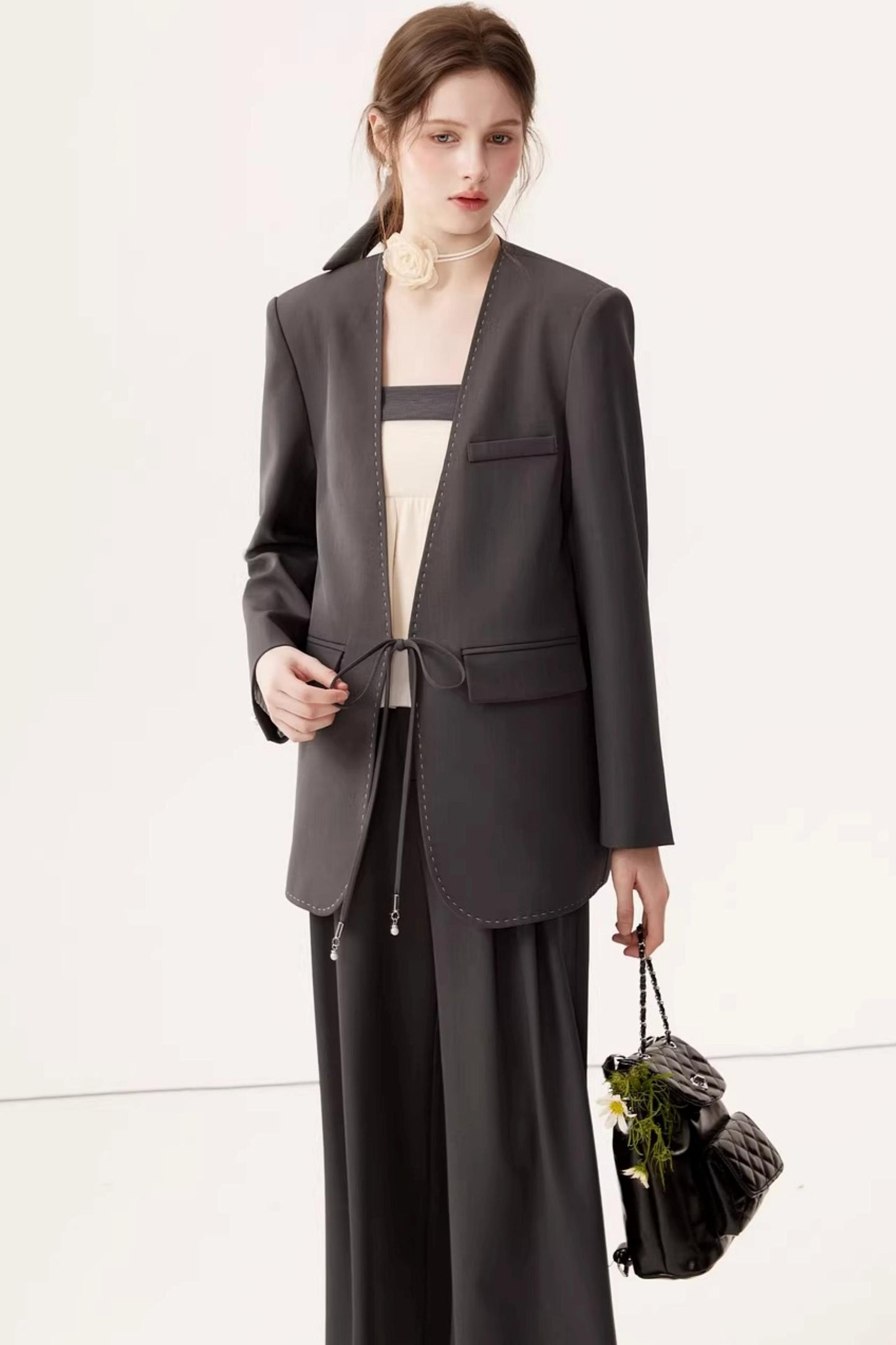 Gray High-Waisted Suit Pants