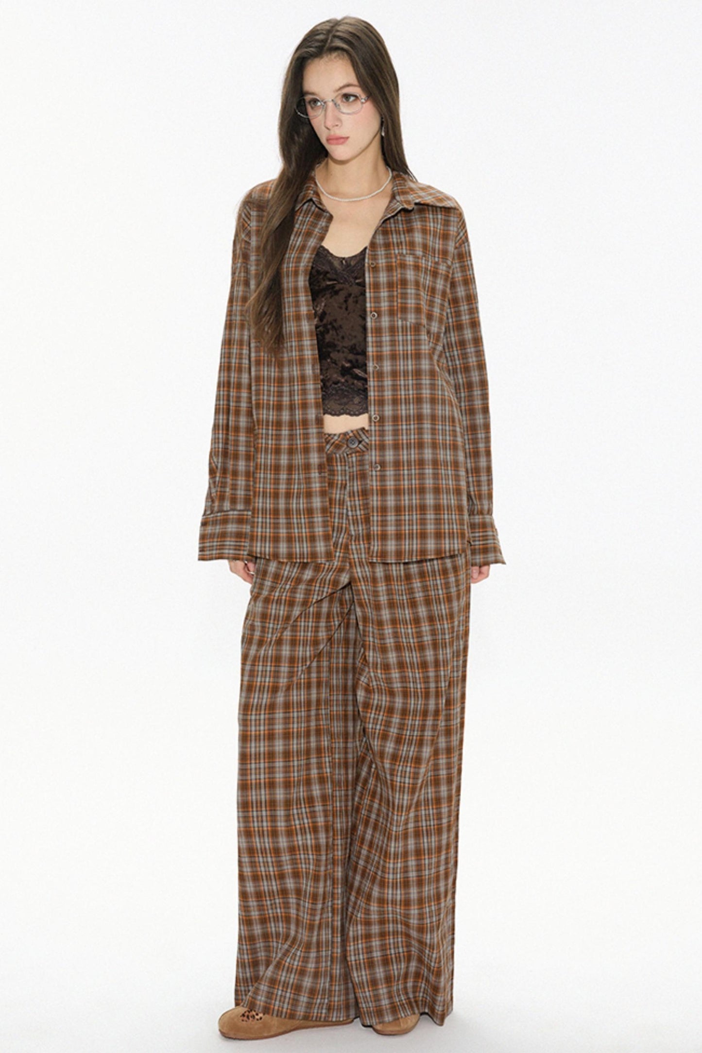 Brown Check Wide Leg Trousers Jacket Set-Up