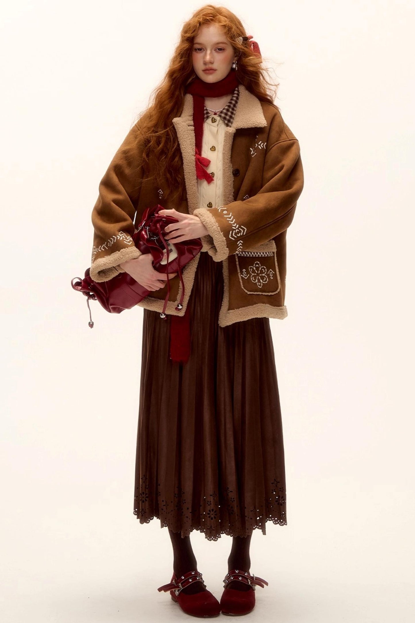 Embroidered Shearling Wool Jacket Set-Up