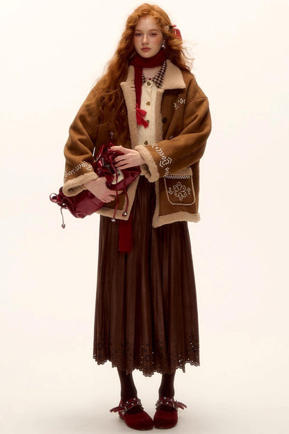 Embroidered Shearling Wool Jacket Set-Up