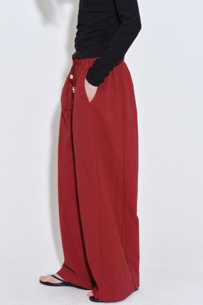 Retro Red Drawstring Bead Sporty Straight Pants