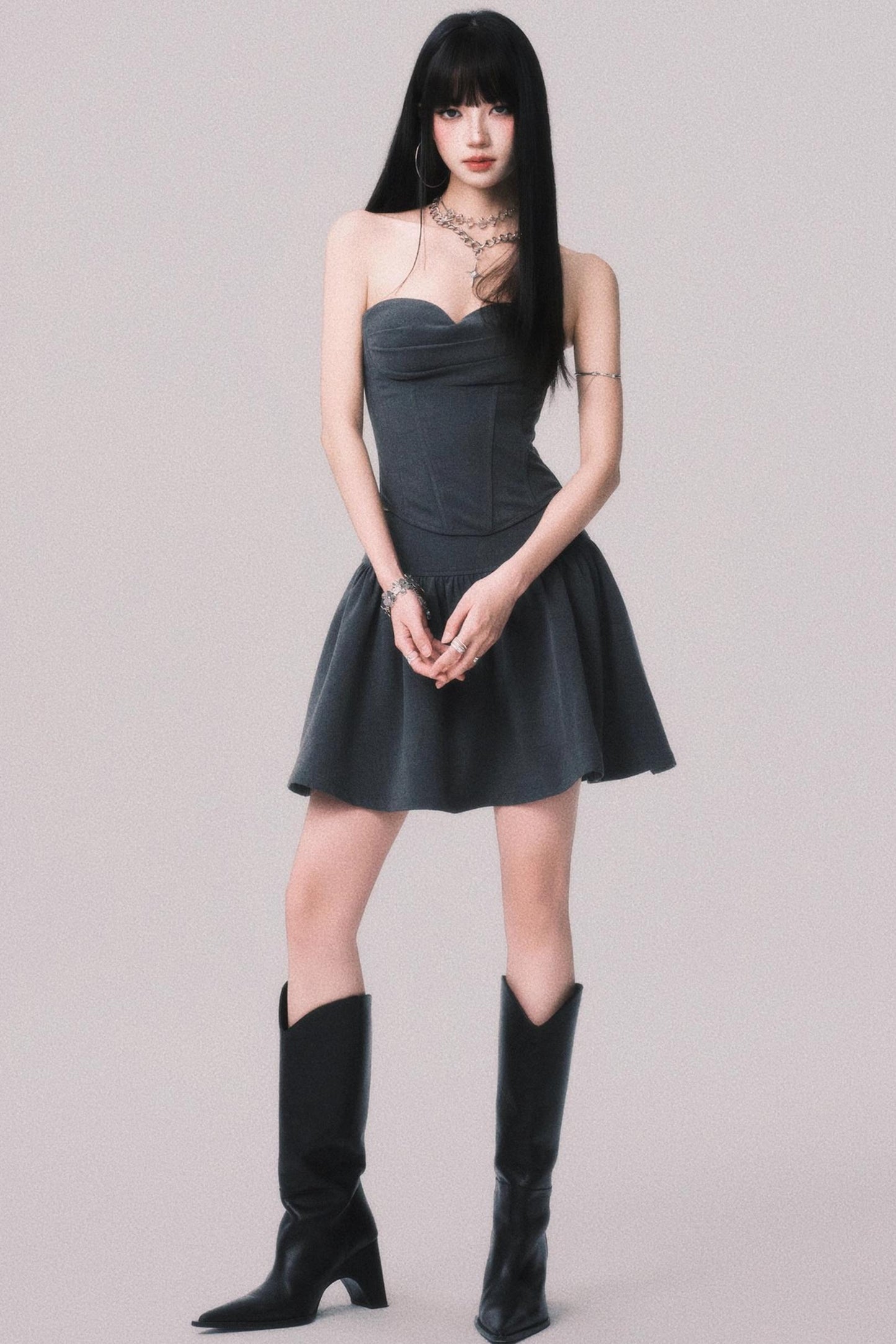 Gray Fishbone Waist Top Bustier Skirt Set-Up