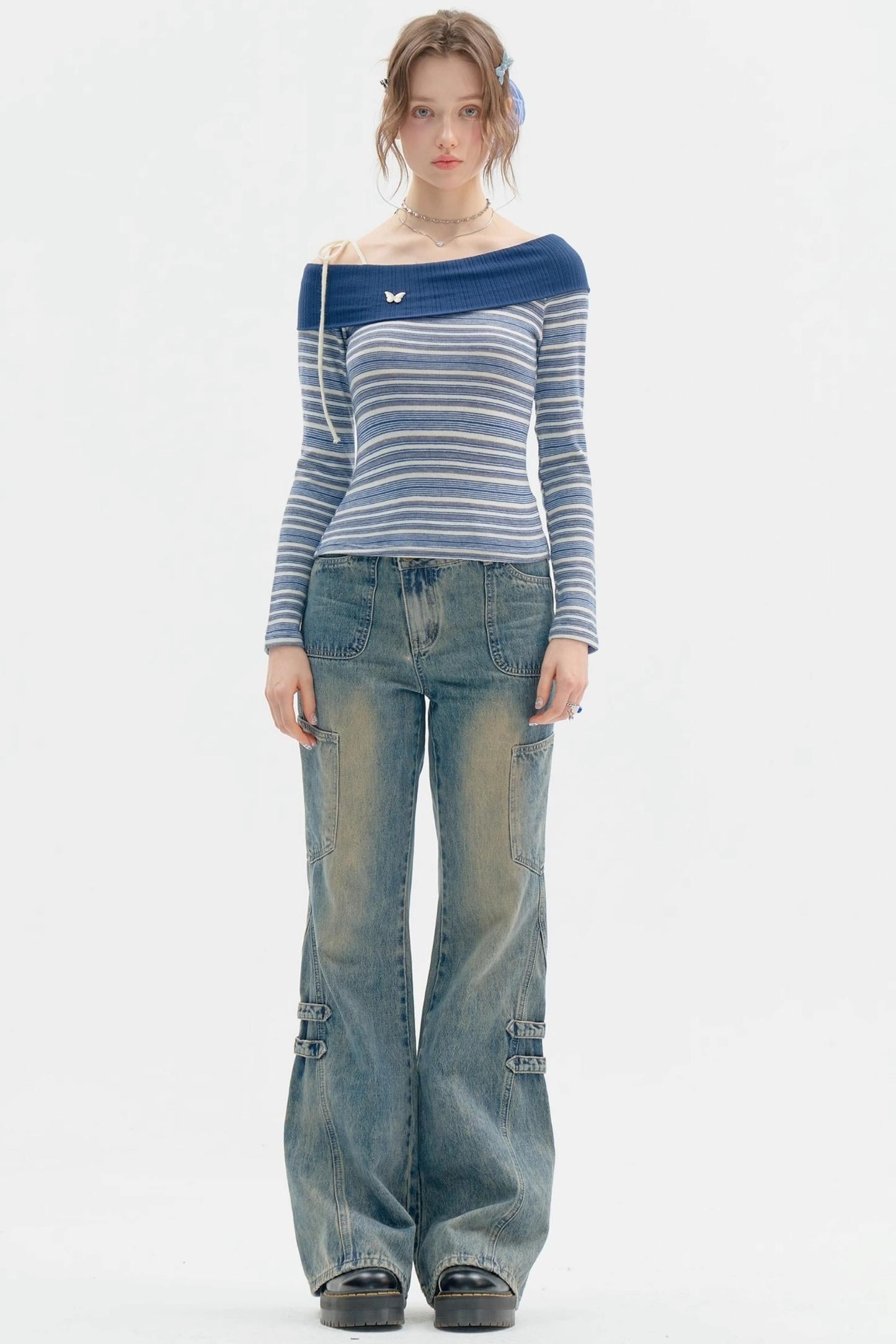 Dark Blue Stripe One-Shoulder Shirt