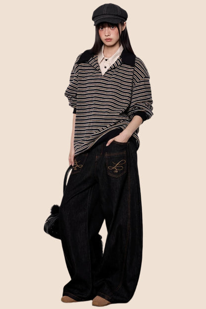 Striped Roll-neck Polo Shirt Top