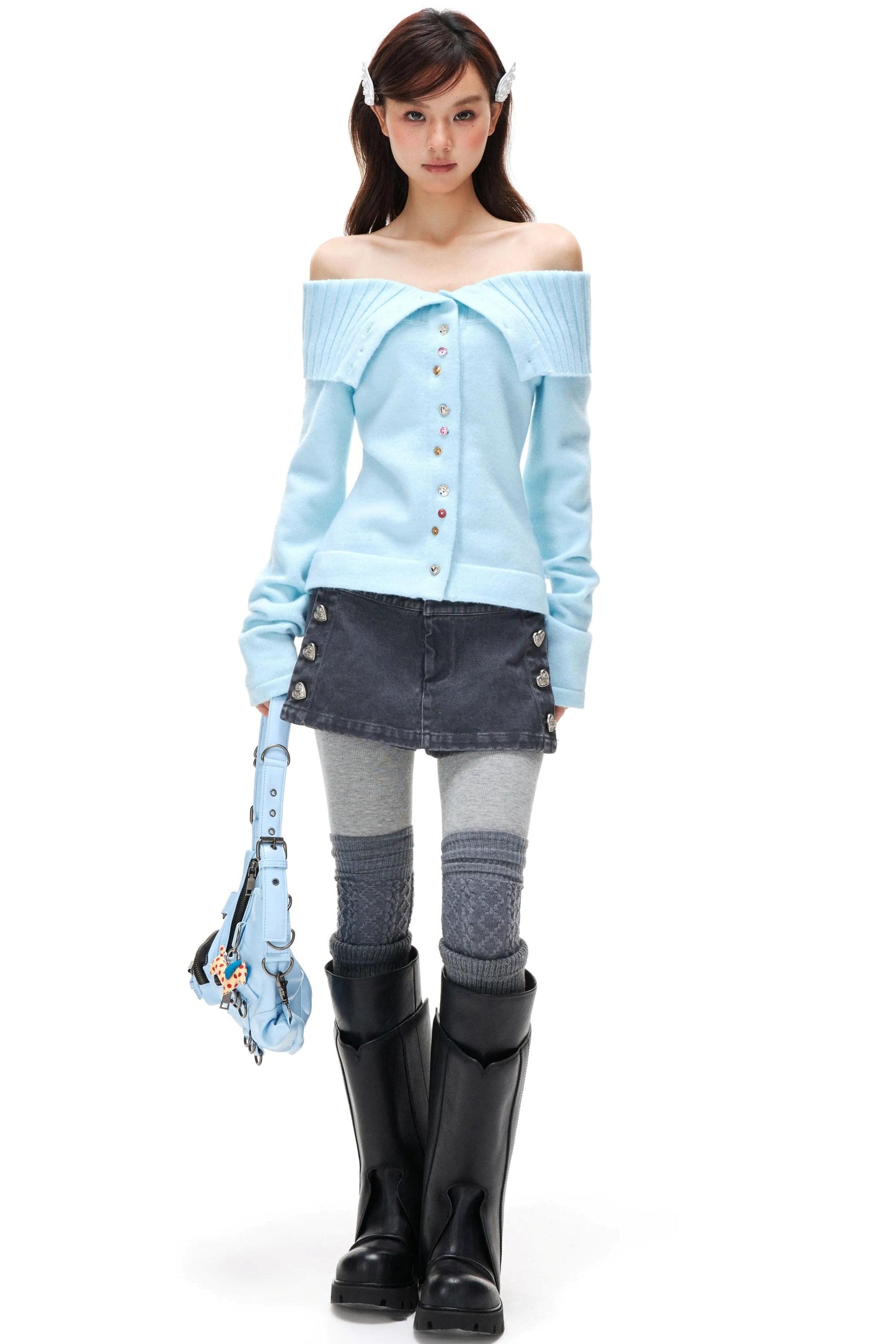 Colorful Button Off-Shoulder Knit Sweater