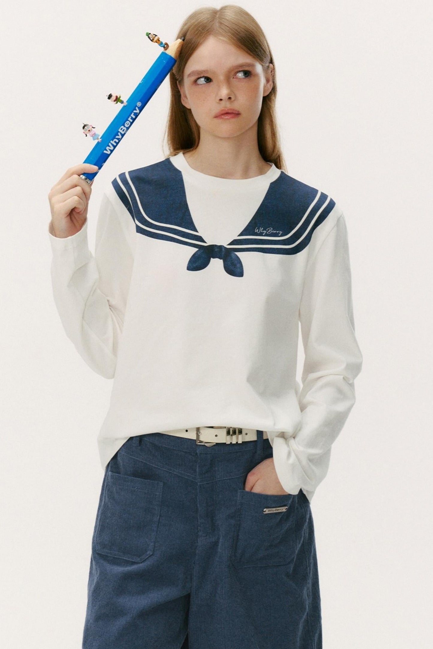 Navy Collar Print Long Sleeve Top