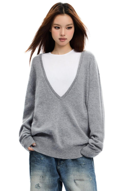 Grey V-Neck Retro Sweater