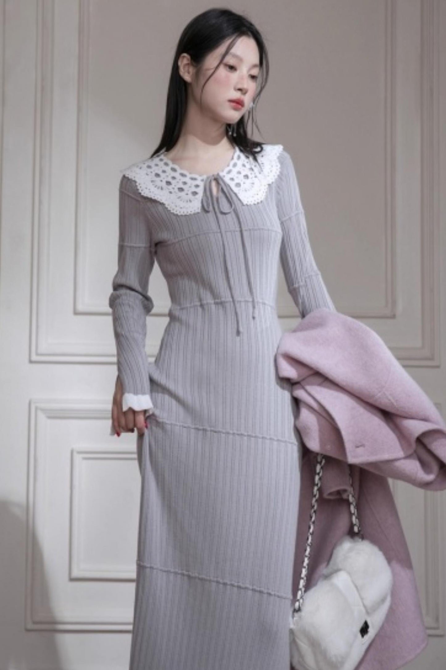 Mist Gray Lace Wool Dress