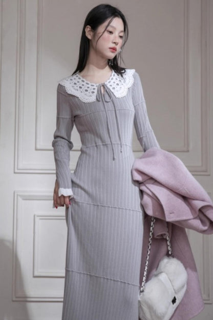 Mist Gray Lace Wool Dress