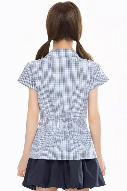 Plaid Waist-Cinching Blouse