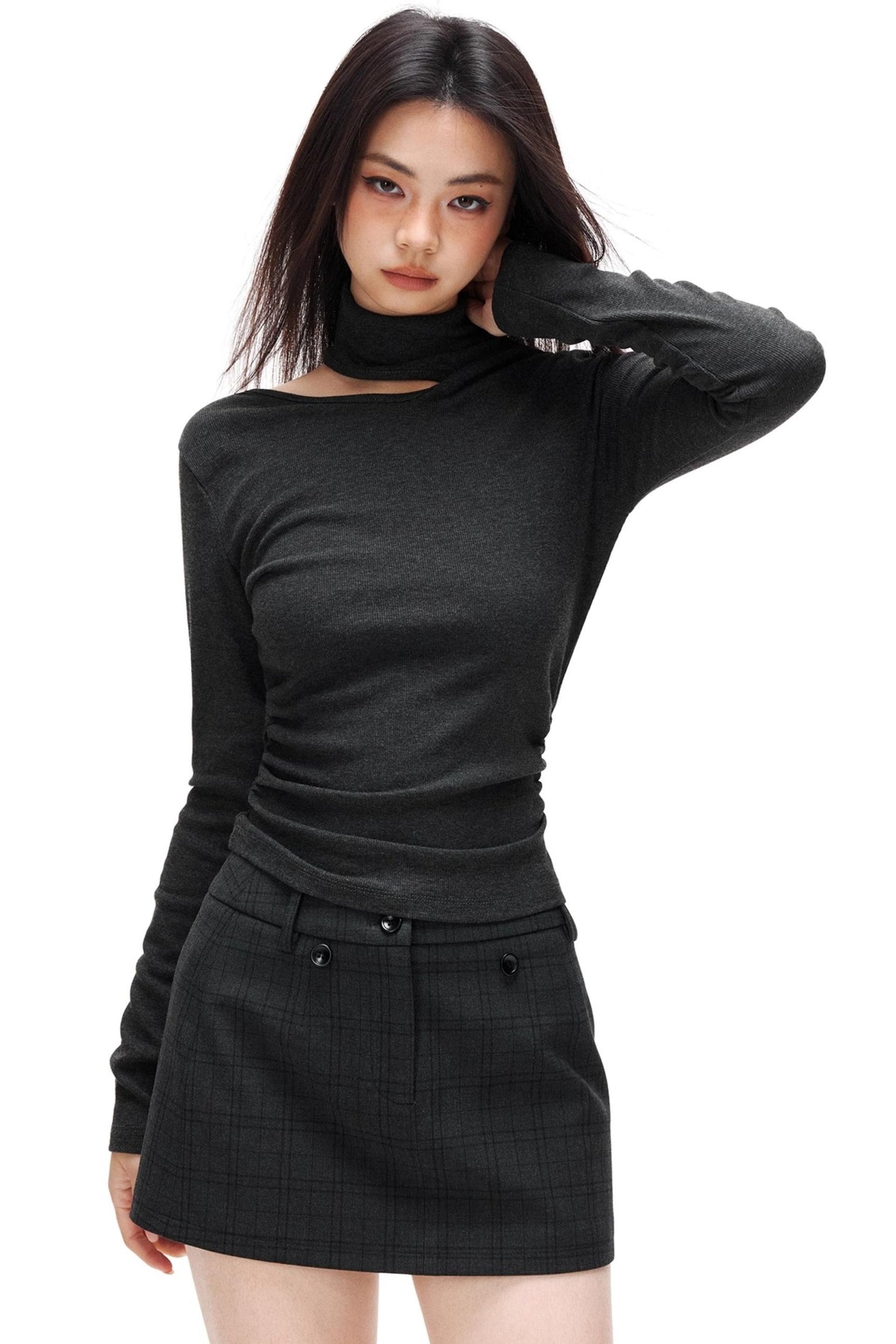 Thin Velvet Pleated Turtleneck Top