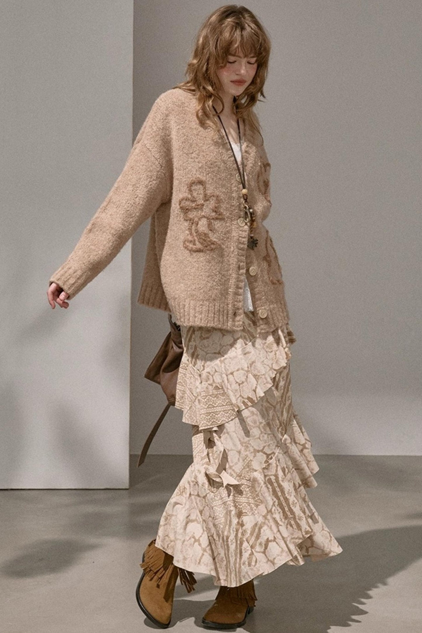 Original Slanted Ruffle Leaf Wave Midi Cake Skirt