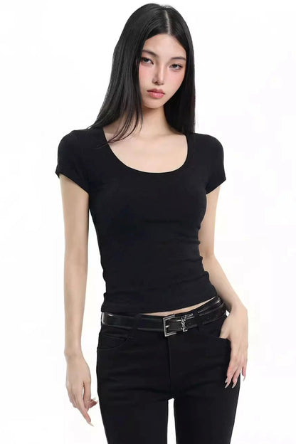 Black Slim-Fit U-Neck Top