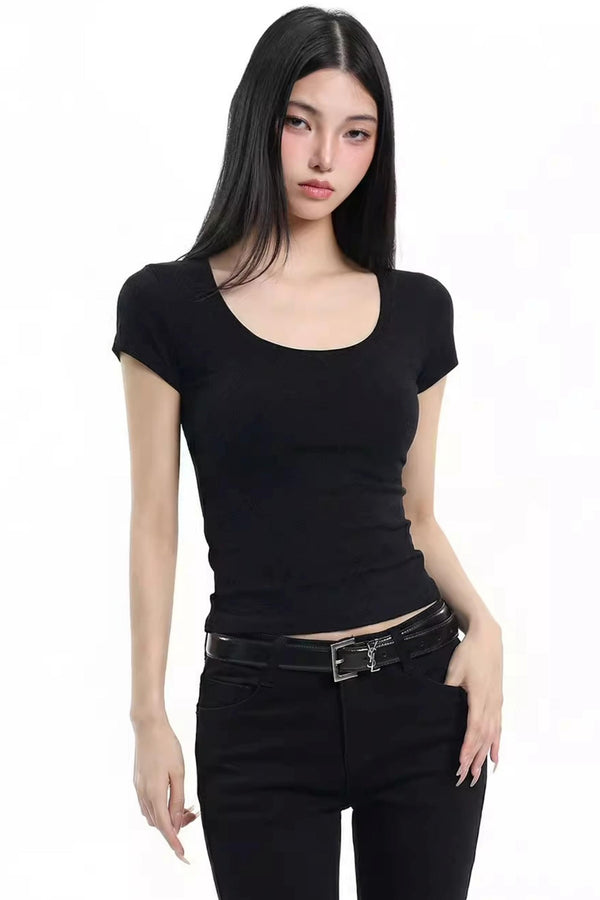 Black Slim-Fit U-Neck Top