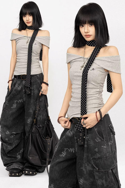 Retro Gray Off-Shoulder Top