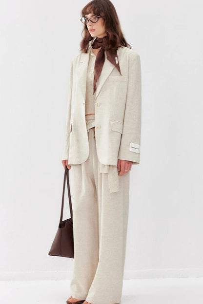 Chic Linen-Cotton Blazer & Wide Leg Pant Set-Up