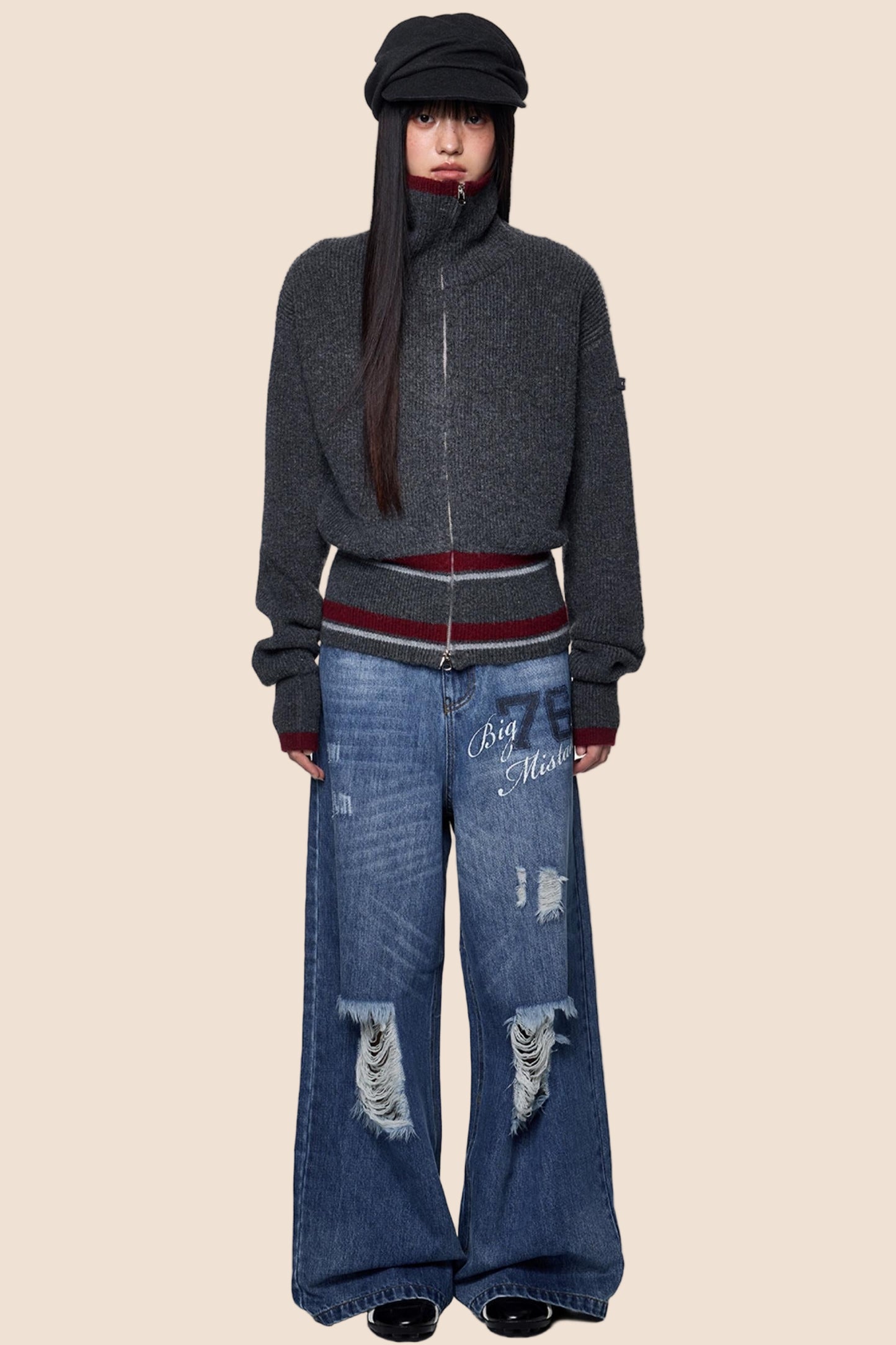 Stand Neck Stripe Sweater Jacket