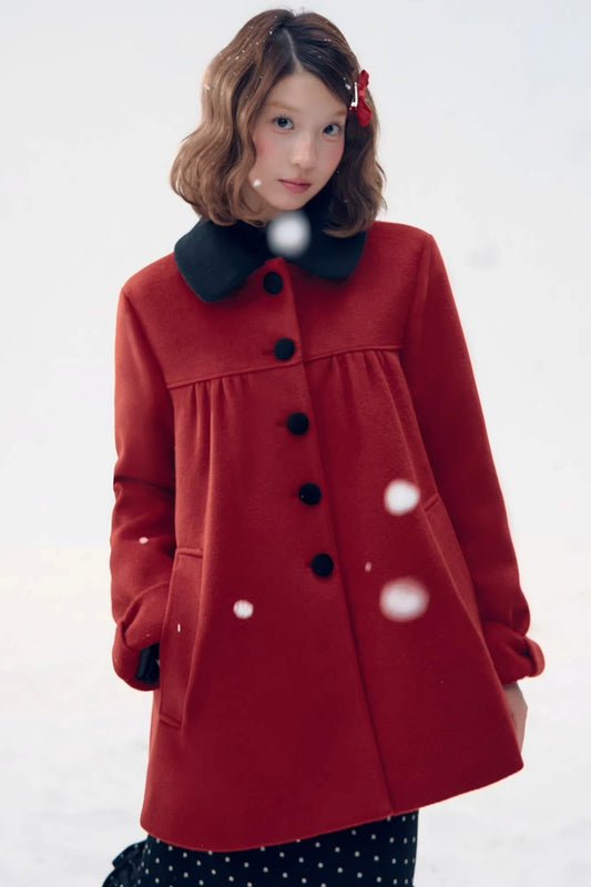 Red Woolen Doll Collar Coat