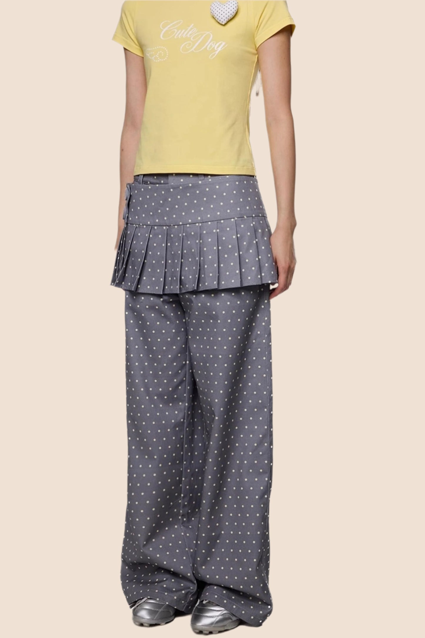 Gray And Yellow Polka Dots Pleated Skirt-Pants Set