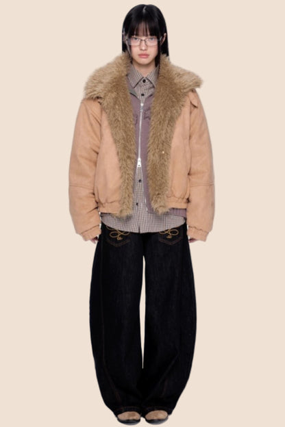 Faux Suede Fur Collar Jacket