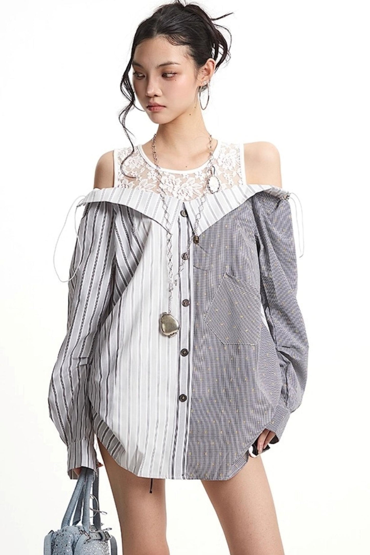Patchwork Lace Striped Shirt