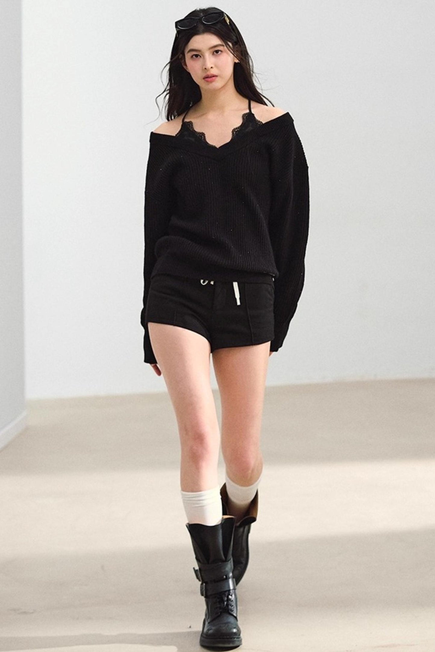 Off-Shoulder Black V-Neck Knit Sweater