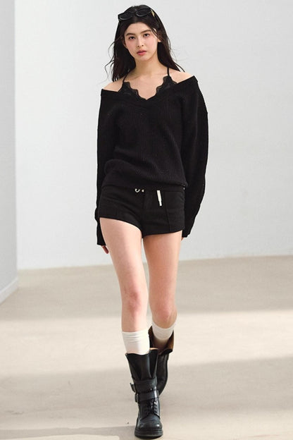 Off-Shoulder Black V-Neck Knit Sweater
