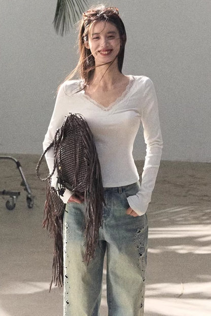 Lace V-Neck Slim-Fit Top